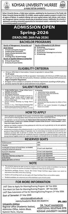 Admission notice for Kohsar University Murree